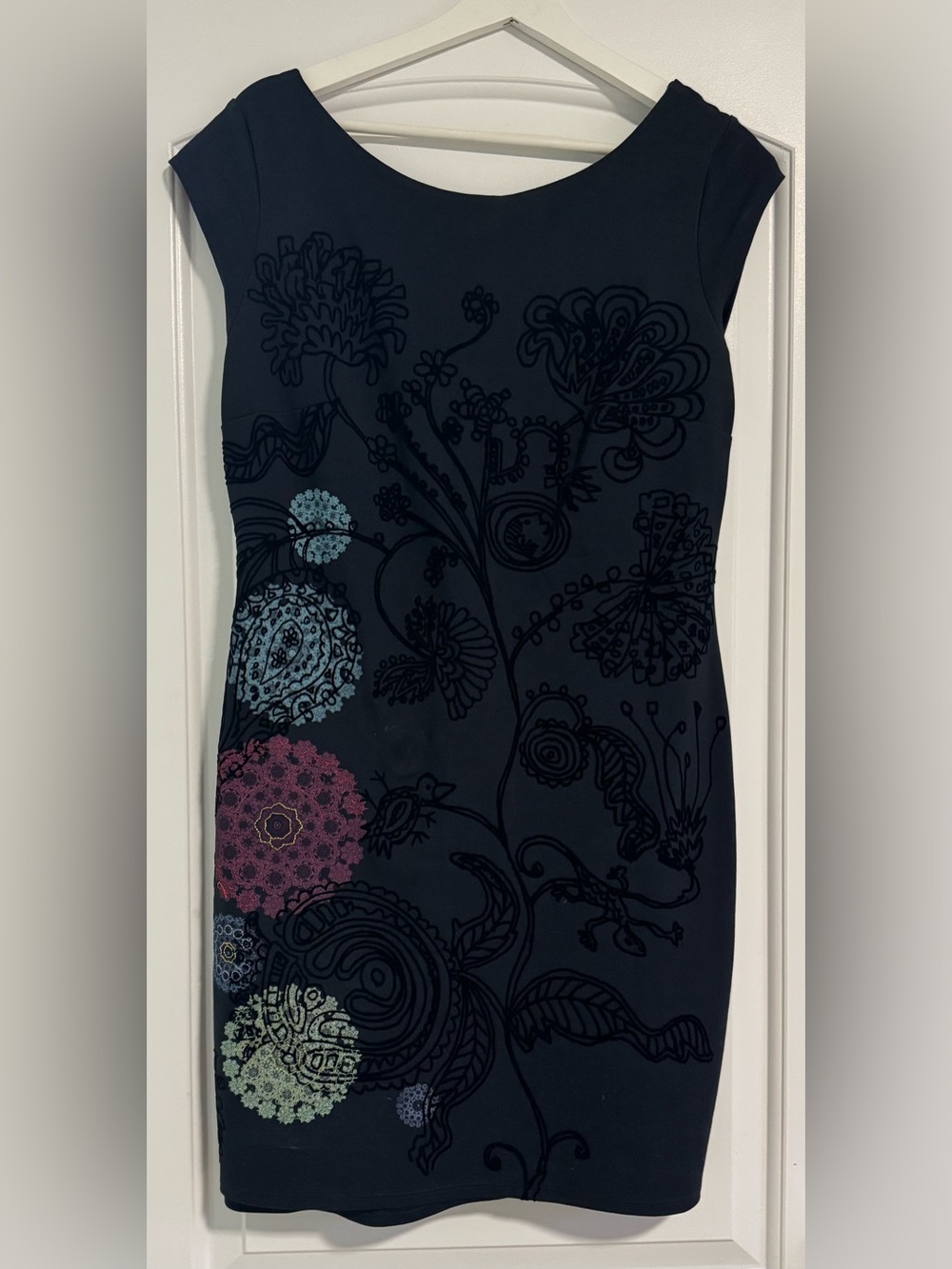 Desigual Navy Dress with Pink, Light Blue and Green Floral Medallions